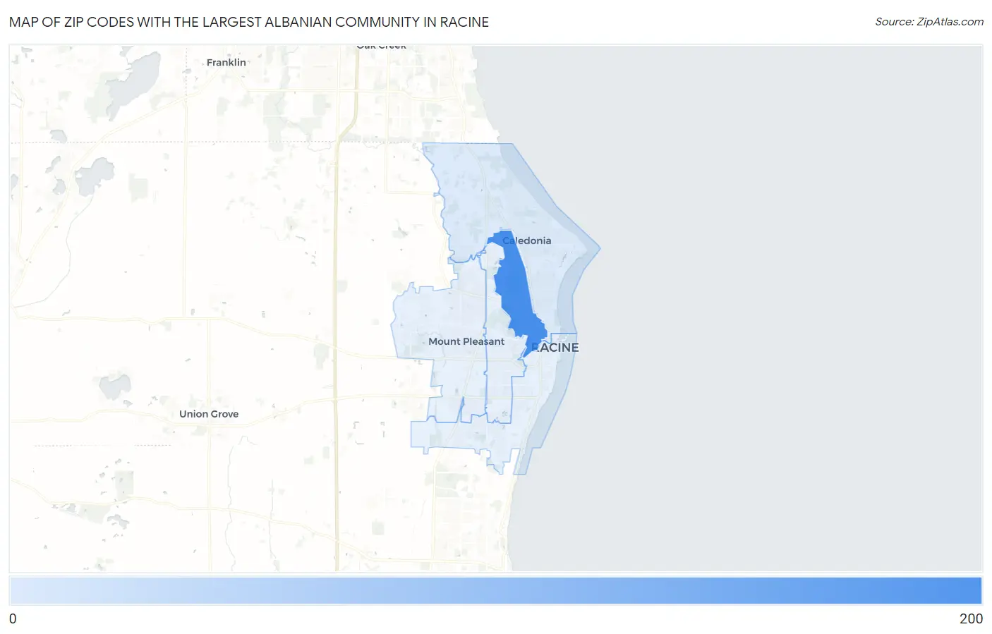 Zip Codes with the Largest Albanian Community in Racine Map