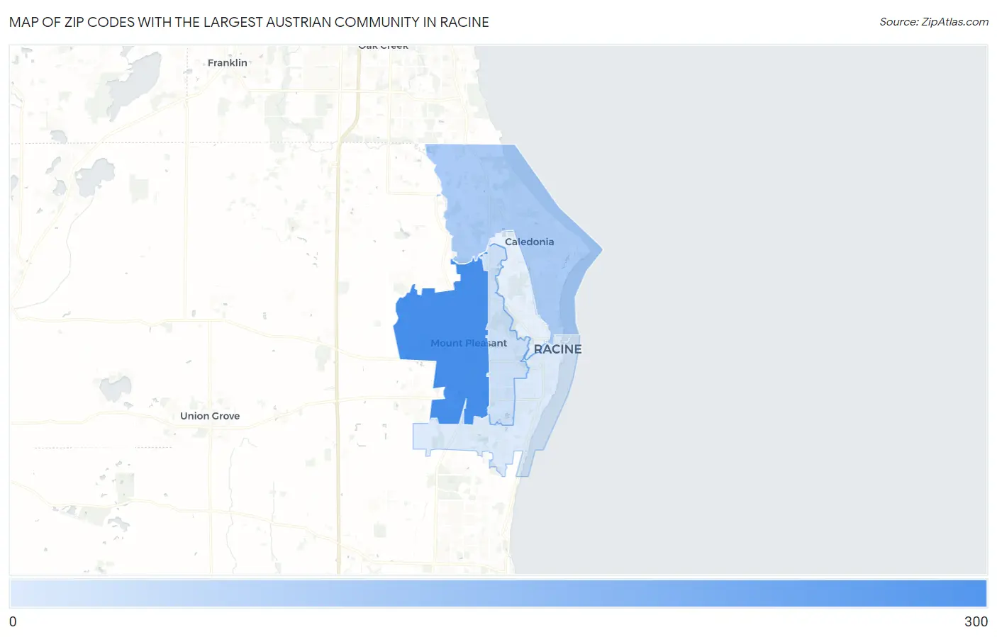 Zip Codes with the Largest Austrian Community in Racine Map