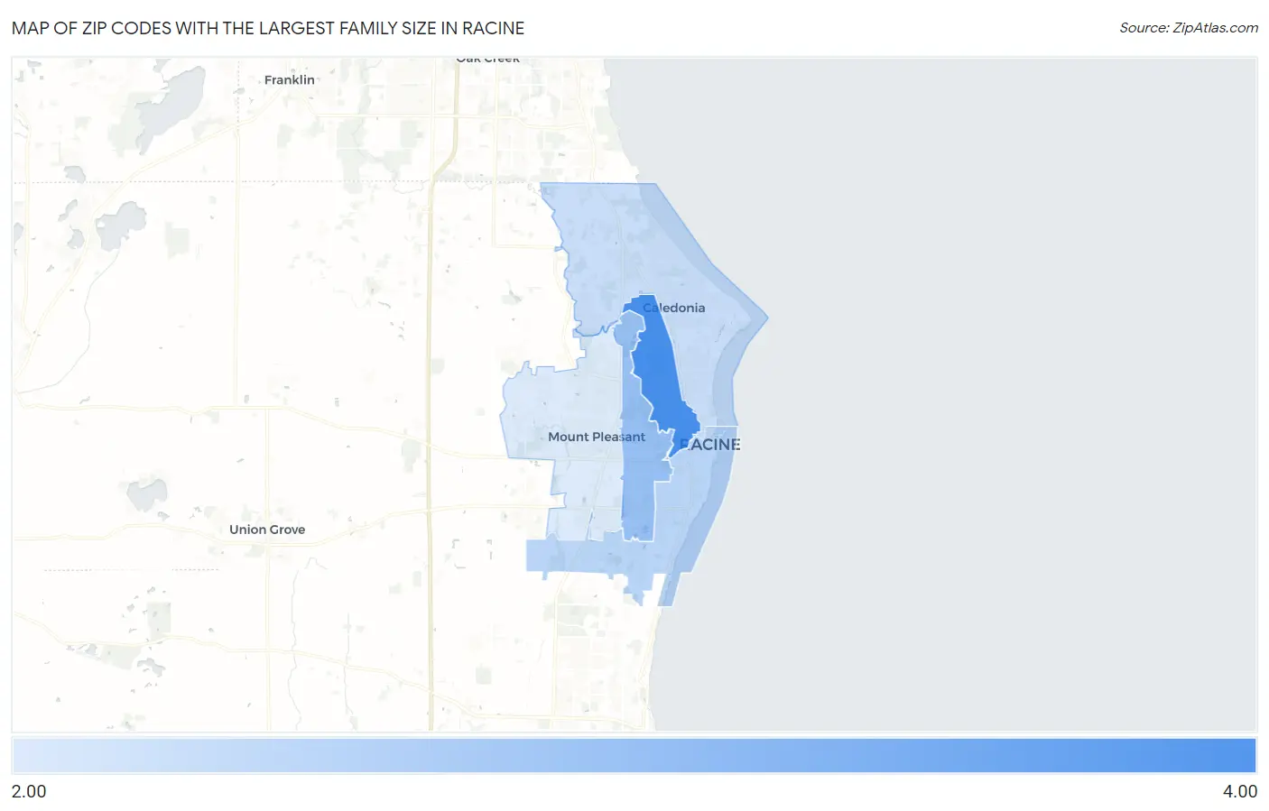 Zip Codes with the Largest Family Size in Racine Map