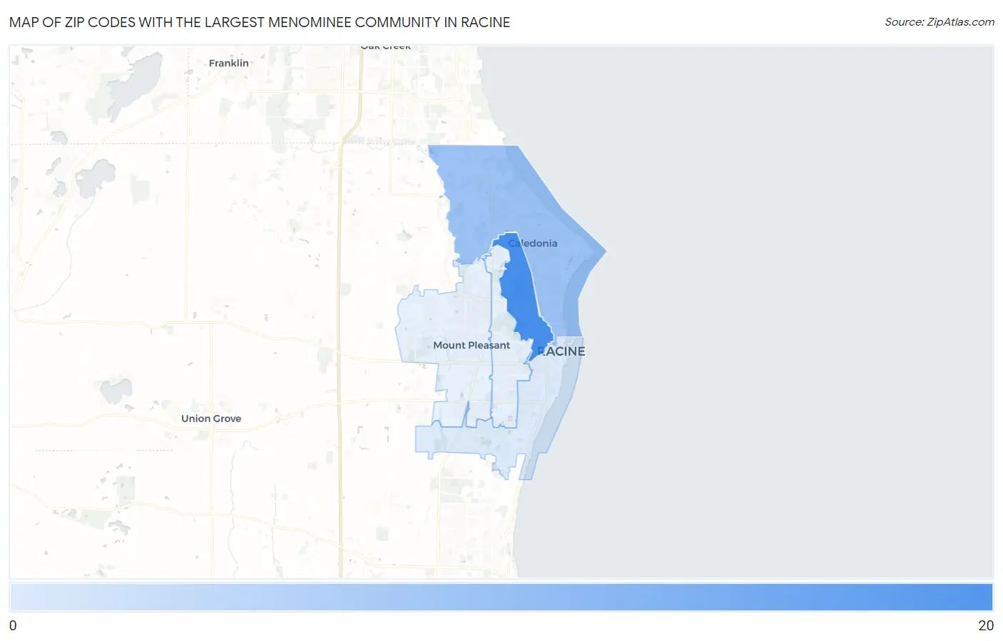 Zip Codes with the Largest Menominee Community in Racine Map