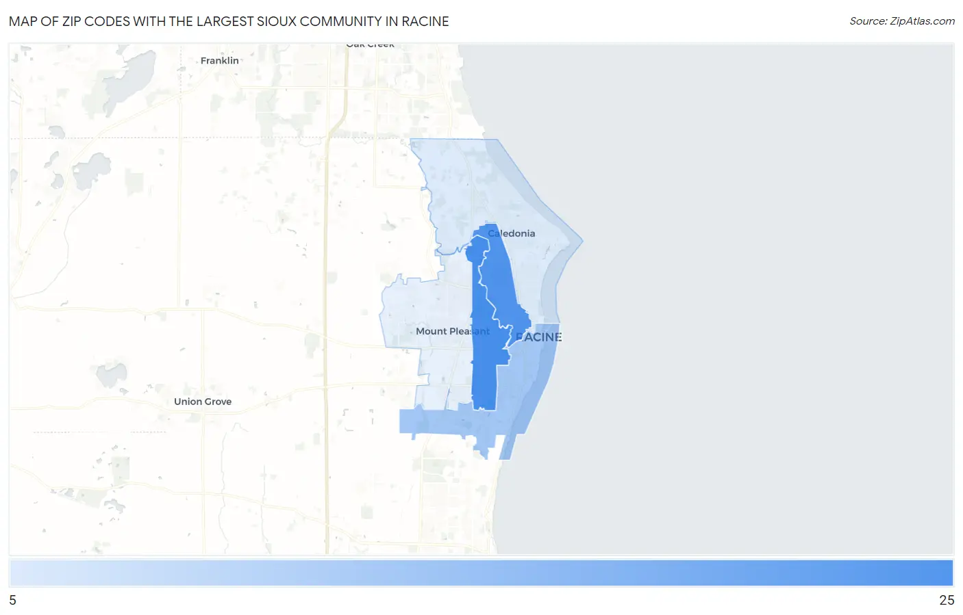 Zip Codes with the Largest Sioux Community in Racine Map