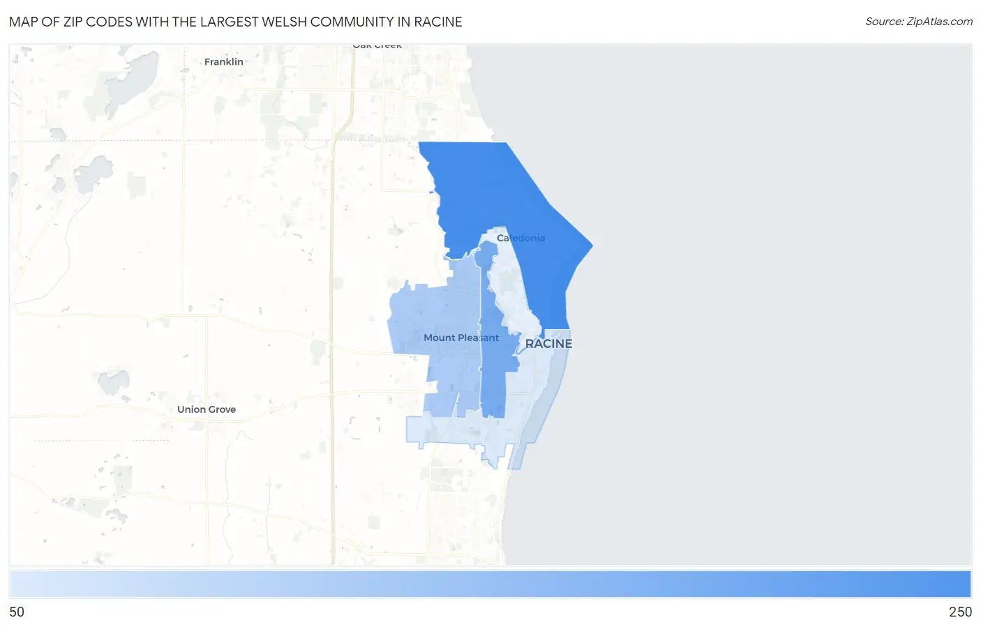 Zip Codes with the Largest Welsh Community in Racine Map