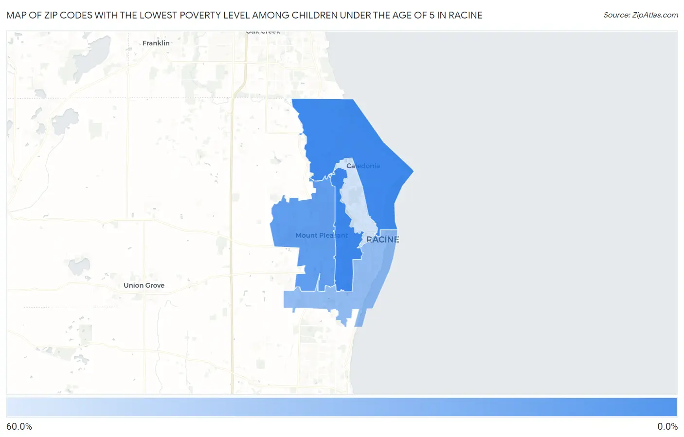 Zip Codes with the Lowest Poverty Level Among Children Under the Age of 5 in Racine Map