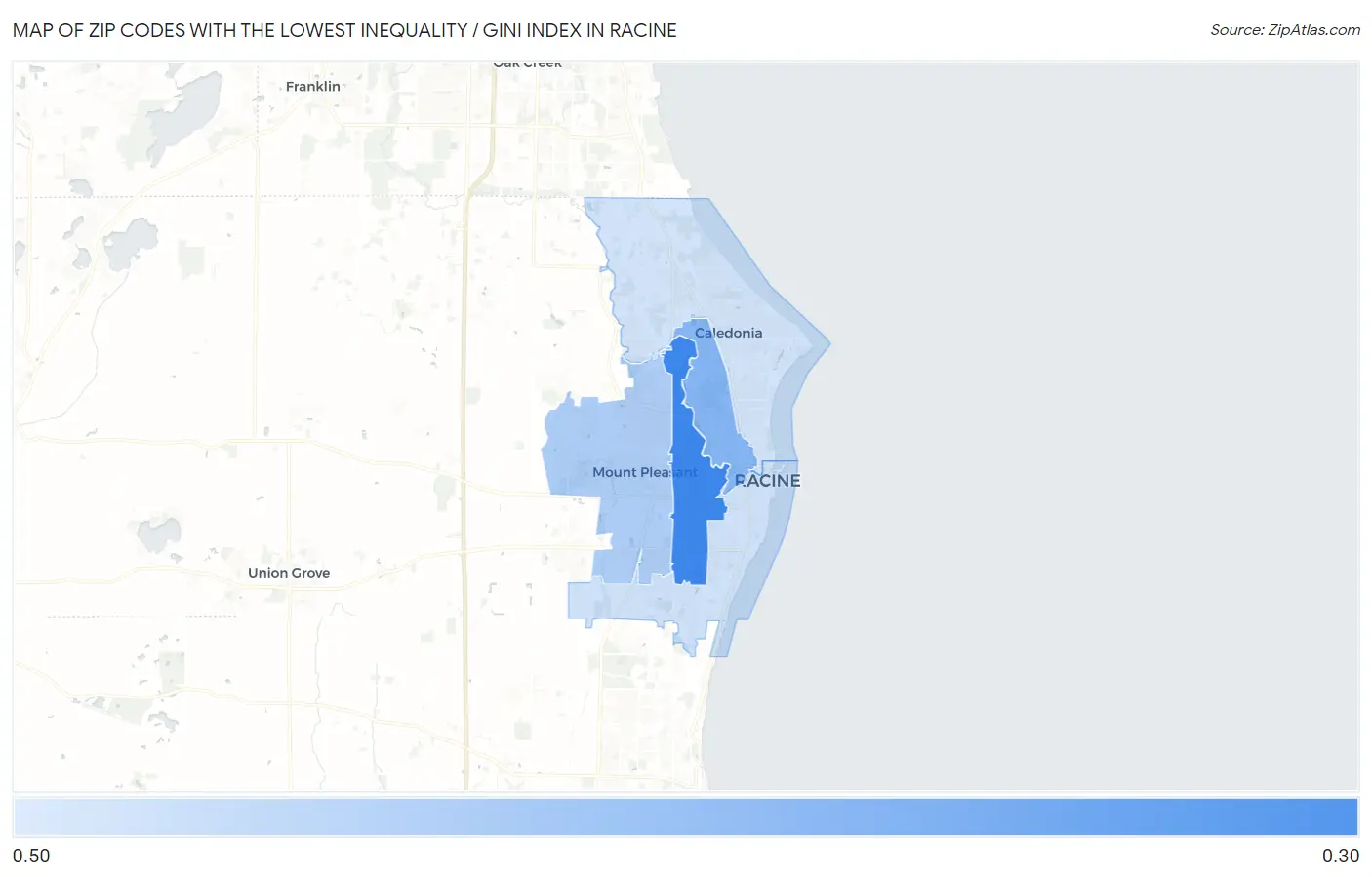 Zip Codes with the Lowest Inequality / Gini Index in Racine Map