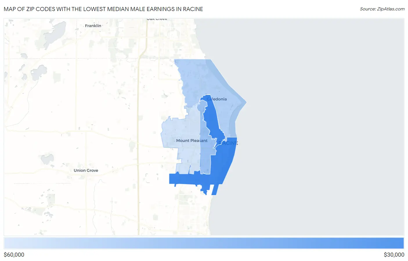 Zip Codes with the Lowest Median Male Earnings in Racine Map