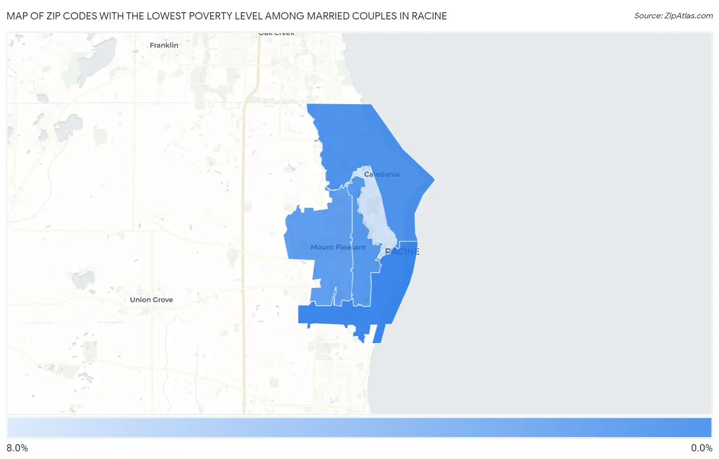 Zip Codes with the Lowest Poverty Level Among Married Couples in Racine Map