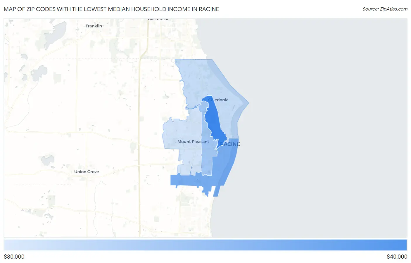 Zip Codes with the Lowest Median Household Income in Racine Map
