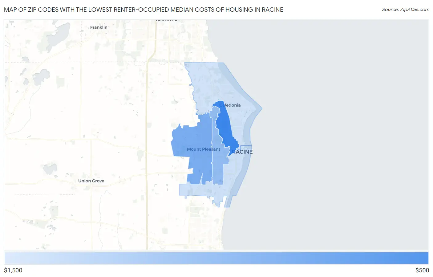 Zip Codes with the Lowest Renter-Occupied Median Costs of Housing in Racine Map