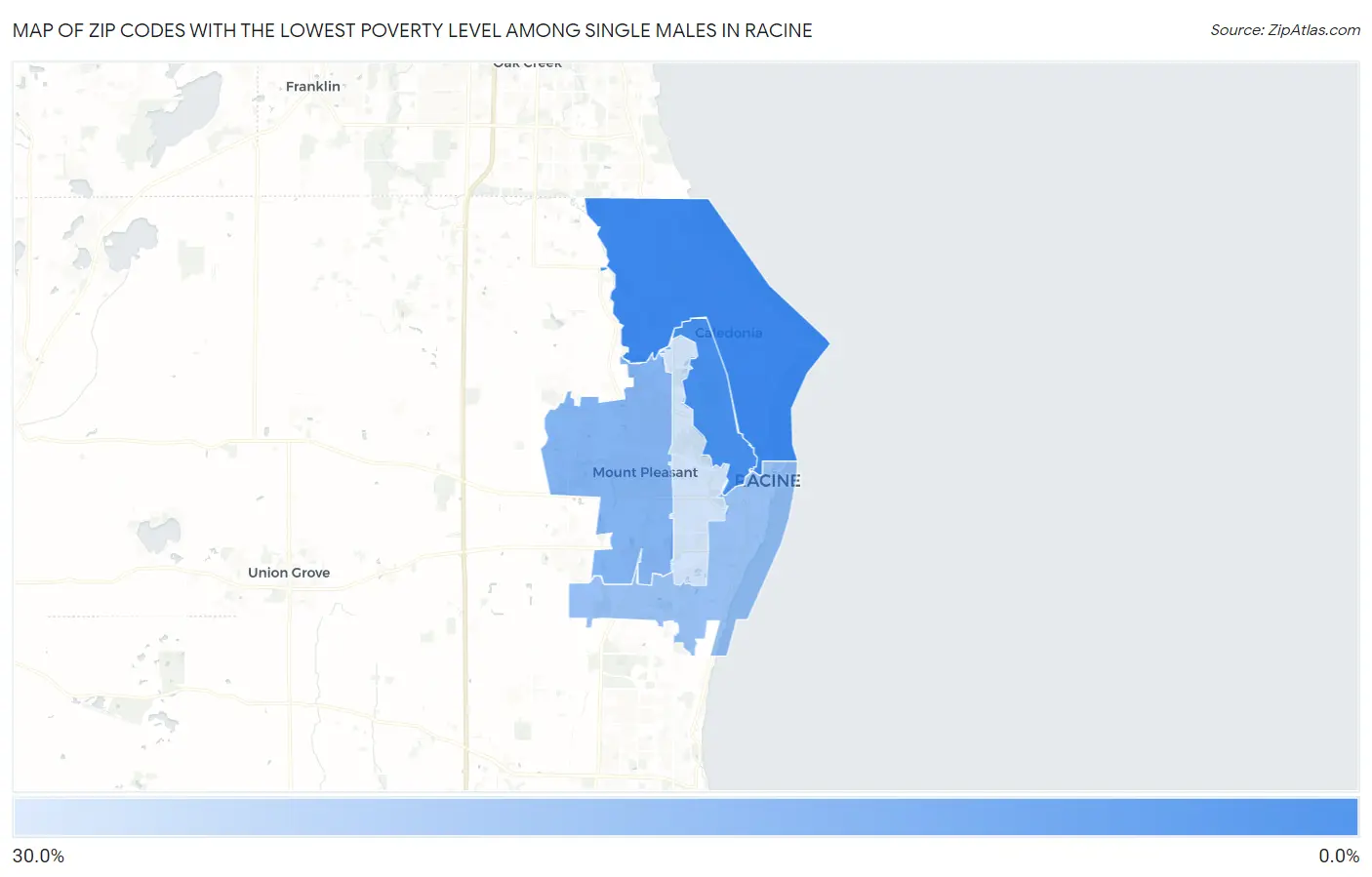 Zip Codes with the Lowest Poverty Level Among Single Males in Racine Map