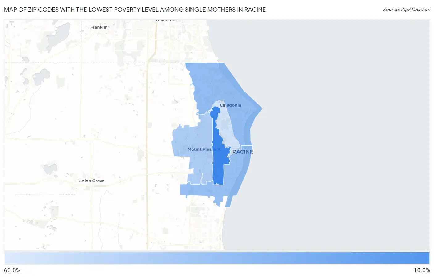 Zip Codes with the Lowest Poverty Level Among Single Mothers in Racine Map