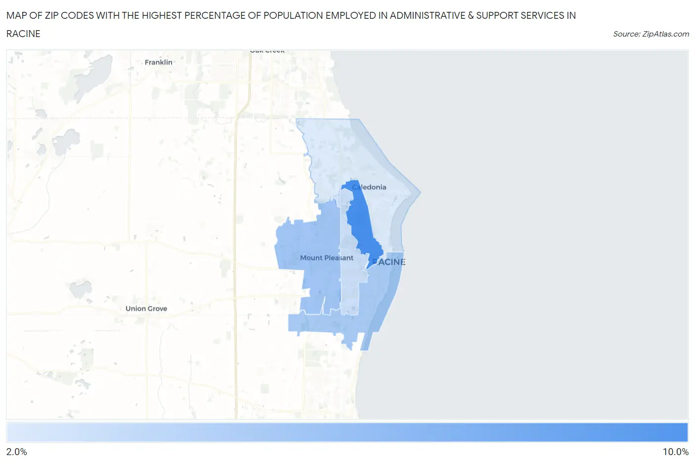 Zip Codes with the Highest Percentage of Population Employed in Administrative & Support Services in Racine Map