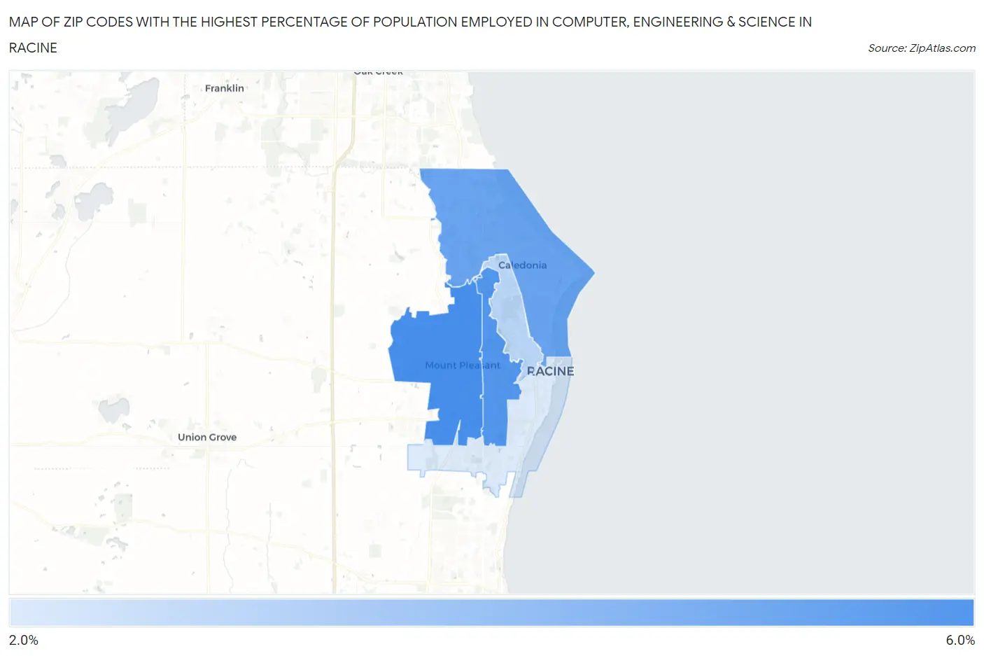 Zip Codes with the Highest Percentage of Population Employed in Computer, Engineering & Science in Racine Map