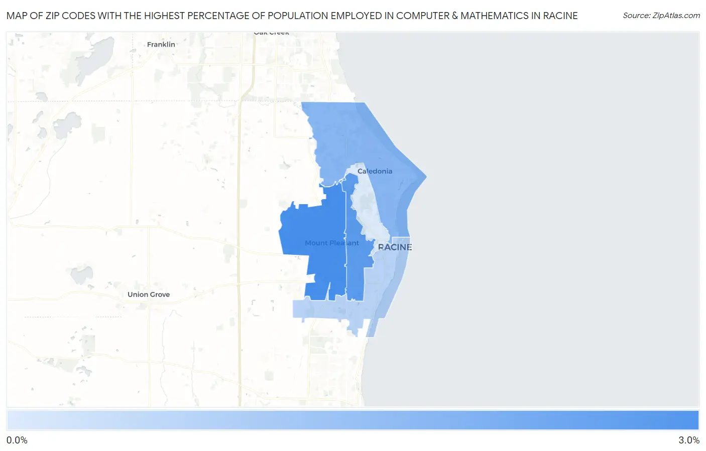 Zip Codes with the Highest Percentage of Population Employed in Computer & Mathematics in Racine Map