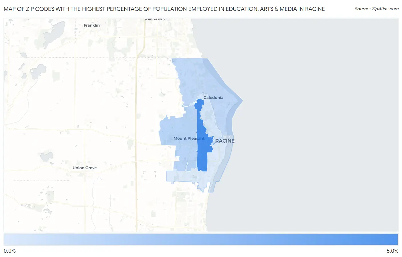 Zip Codes with the Highest Percentage of Population Employed in Education, Arts & Media in Racine Map