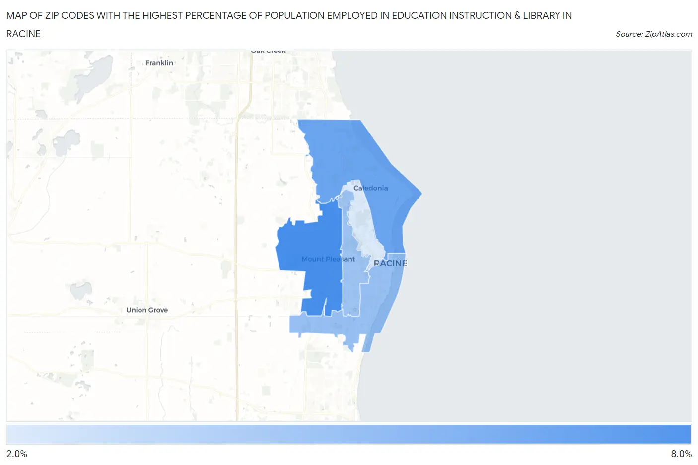 Zip Codes with the Highest Percentage of Population Employed in Education Instruction & Library in Racine Map