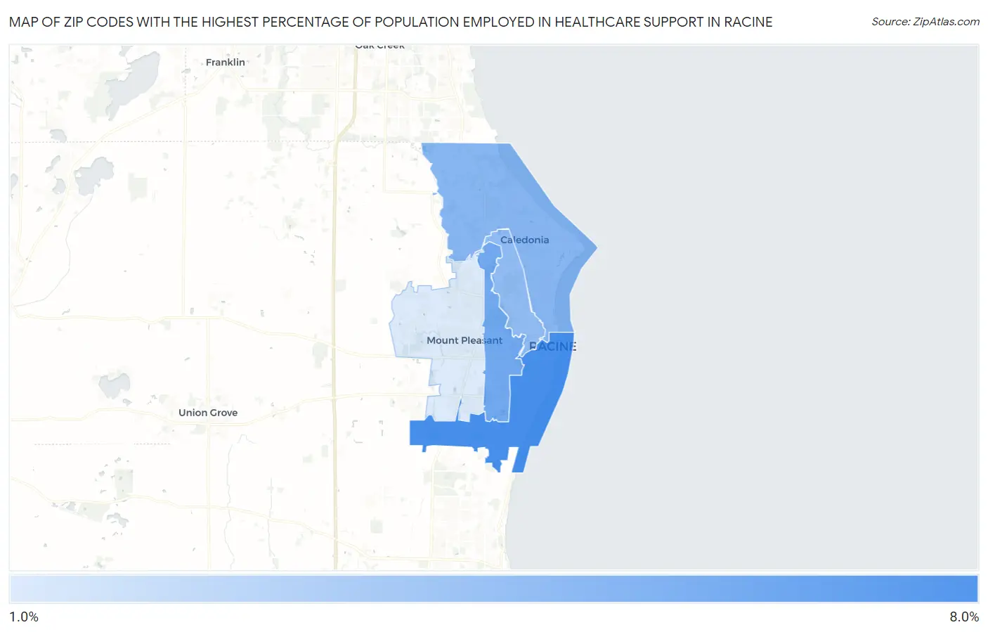 Zip Codes with the Highest Percentage of Population Employed in Healthcare Support in Racine Map