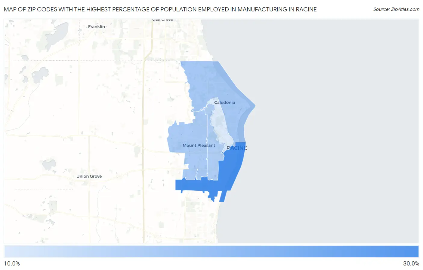 Zip Codes with the Highest Percentage of Population Employed in Manufacturing in Racine Map
