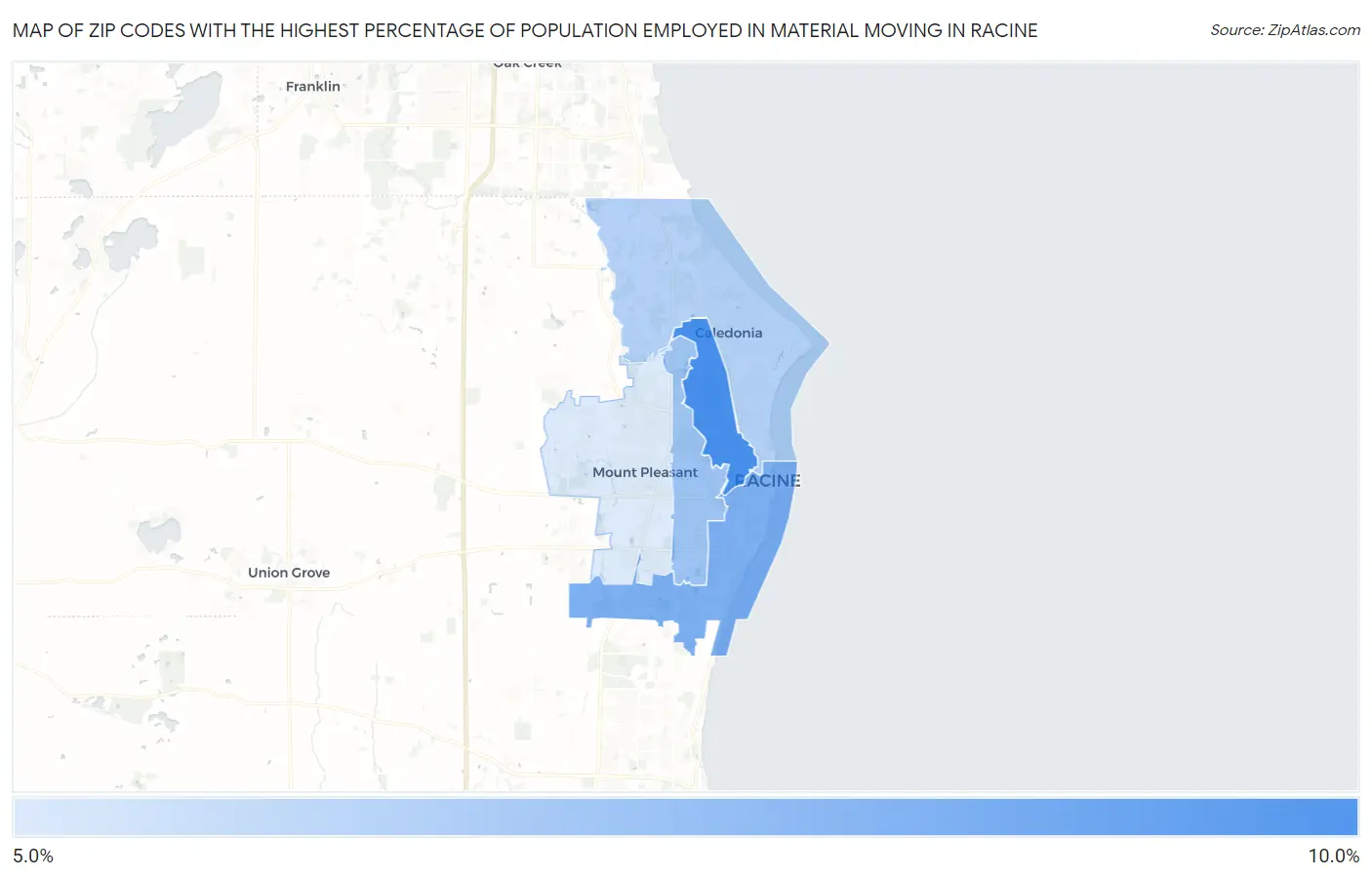 Zip Codes with the Highest Percentage of Population Employed in Material Moving in Racine Map