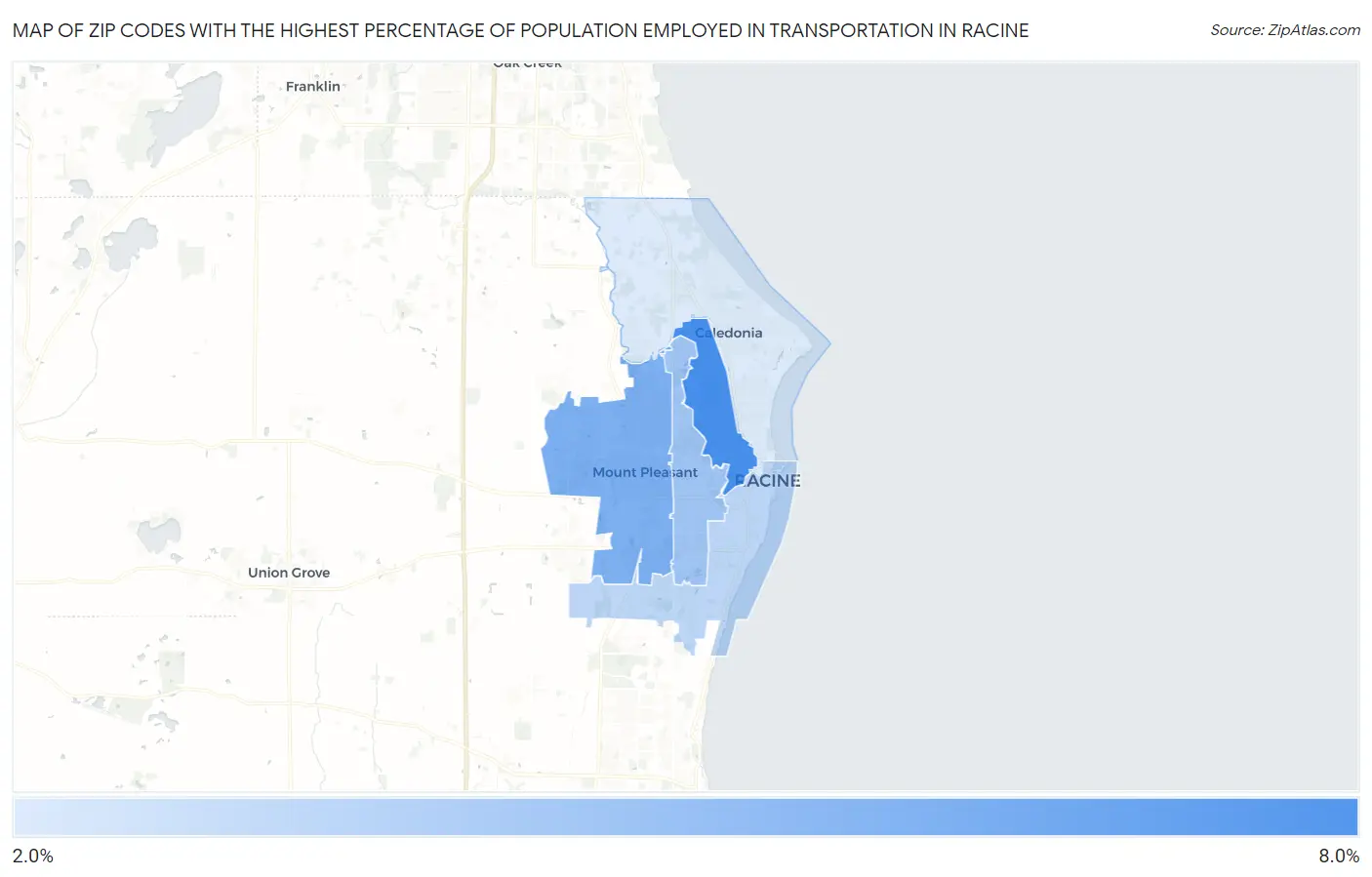 Zip Codes with the Highest Percentage of Population Employed in Transportation in Racine Map