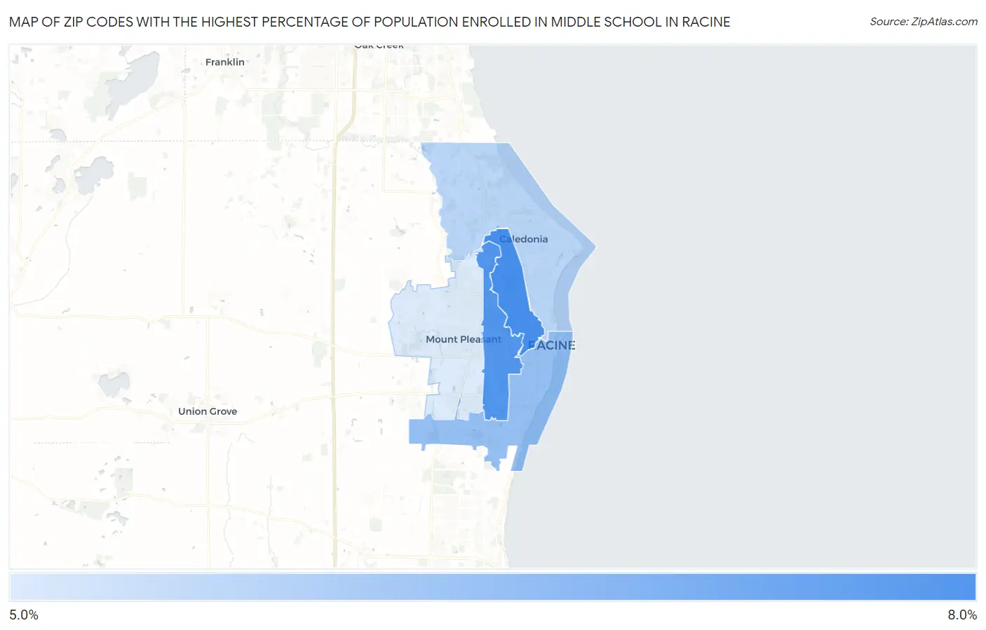 Zip Codes with the Highest Percentage of Population Enrolled in Middle School in Racine Map