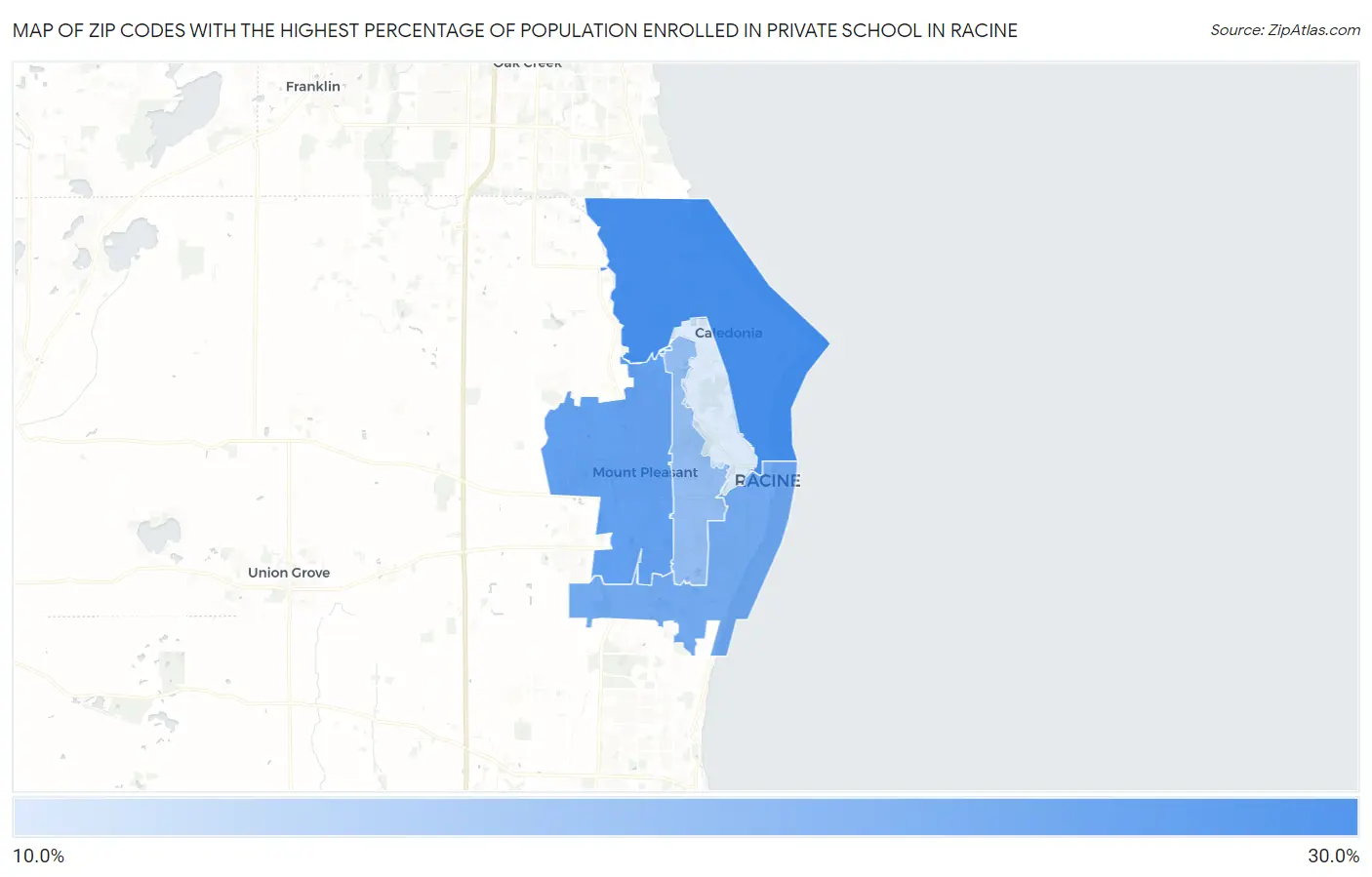 Zip Codes with the Highest Percentage of Population Enrolled in Private School in Racine Map