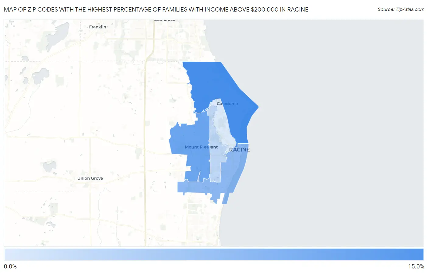 Zip Codes with the Highest Percentage of Families with Income Above $200,000 in Racine Map