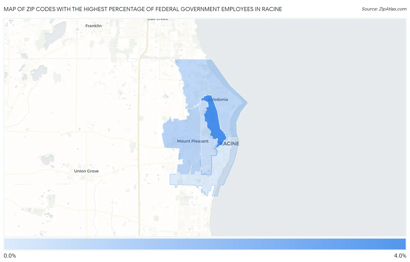 Zip Codes with the Highest Percentage of Federal Government Employees in Racine Map