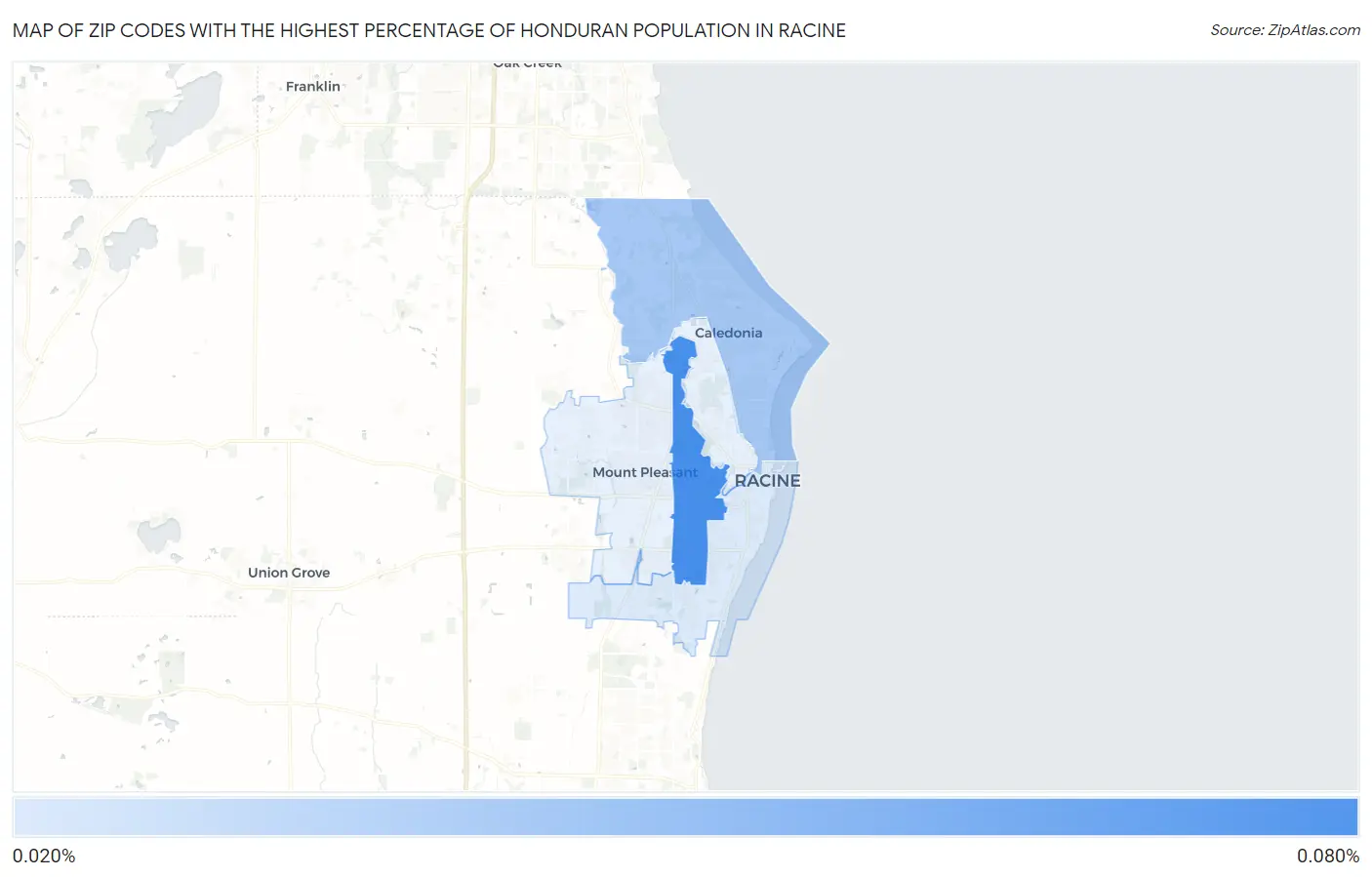 Zip Codes with the Highest Percentage of Honduran Population in Racine Map