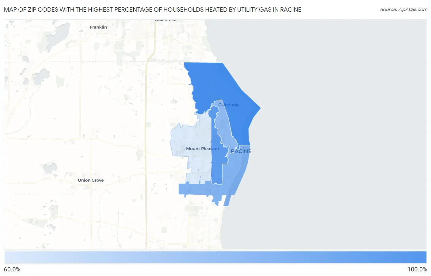 Zip Codes with the Highest Percentage of Households Heated by Utility Gas in Racine Map