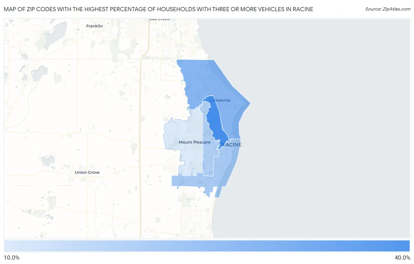 Zip Codes with the Highest Percentage of Households With Three or more Vehicles in Racine Map