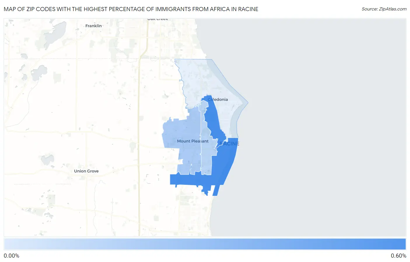 Zip Codes with the Highest Percentage of Immigrants from Africa in Racine Map