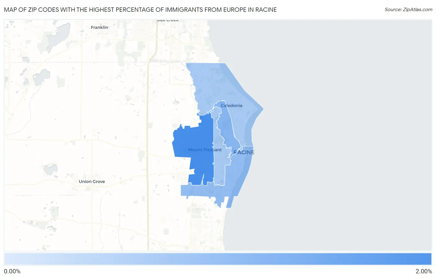 Zip Codes with the Highest Percentage of Immigrants from Europe in Racine Map