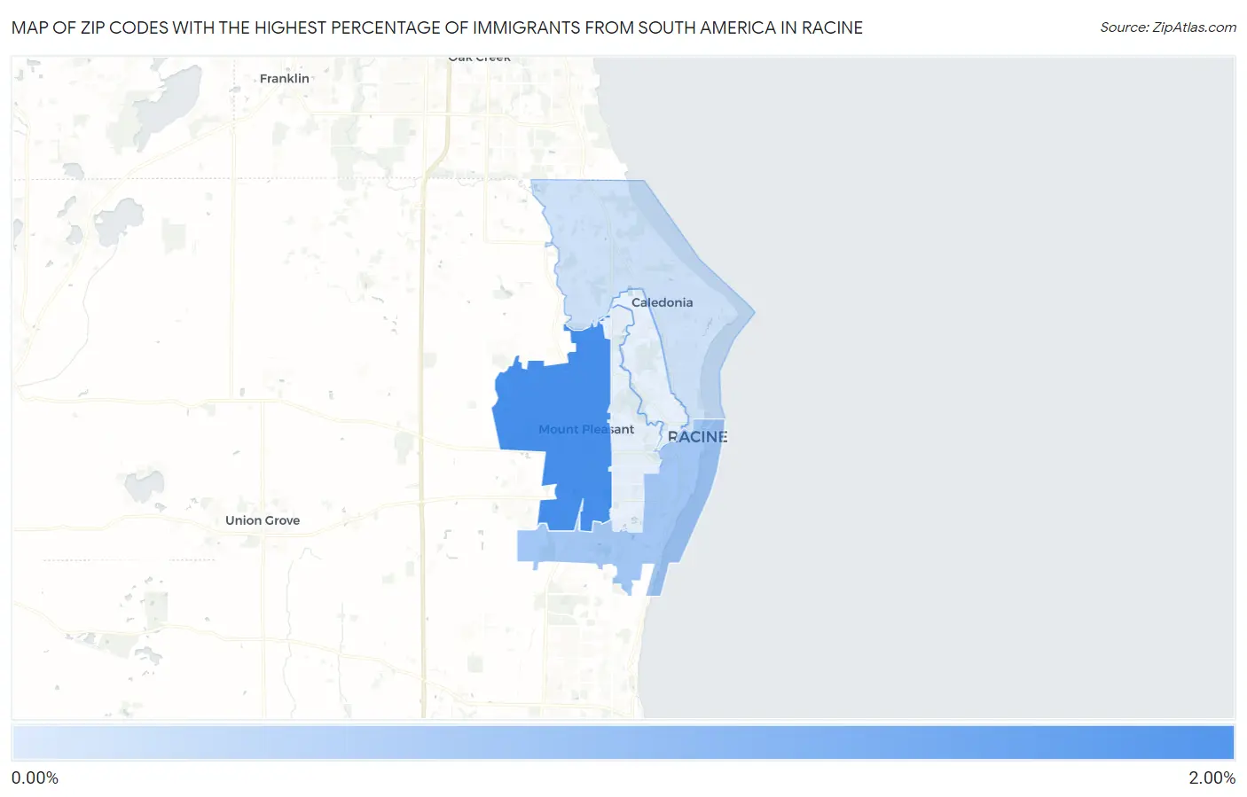 Zip Codes with the Highest Percentage of Immigrants from South America in Racine Map