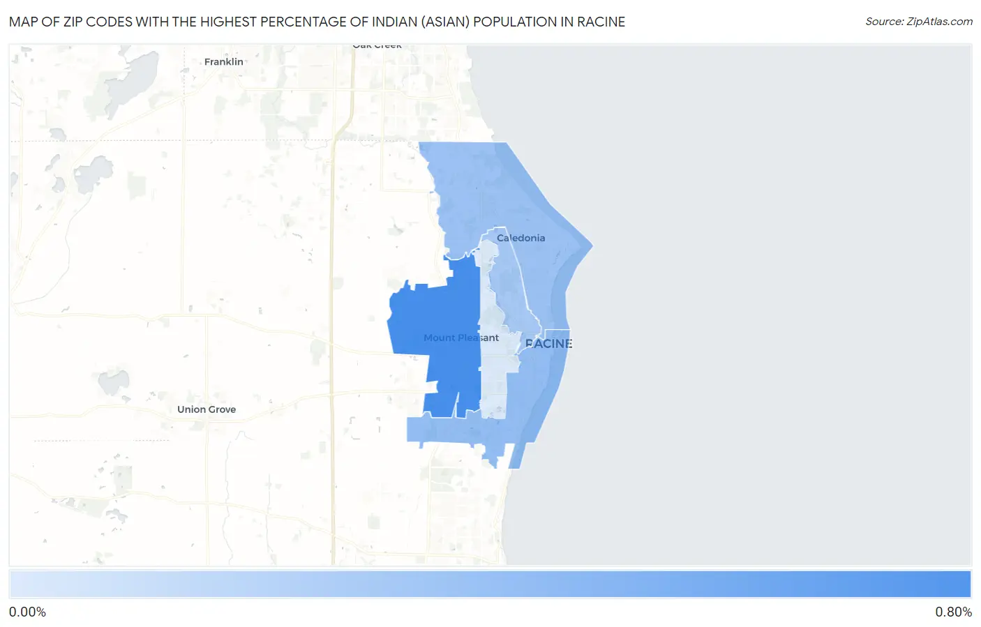 Zip Codes with the Highest Percentage of Indian (Asian) Population in Racine Map