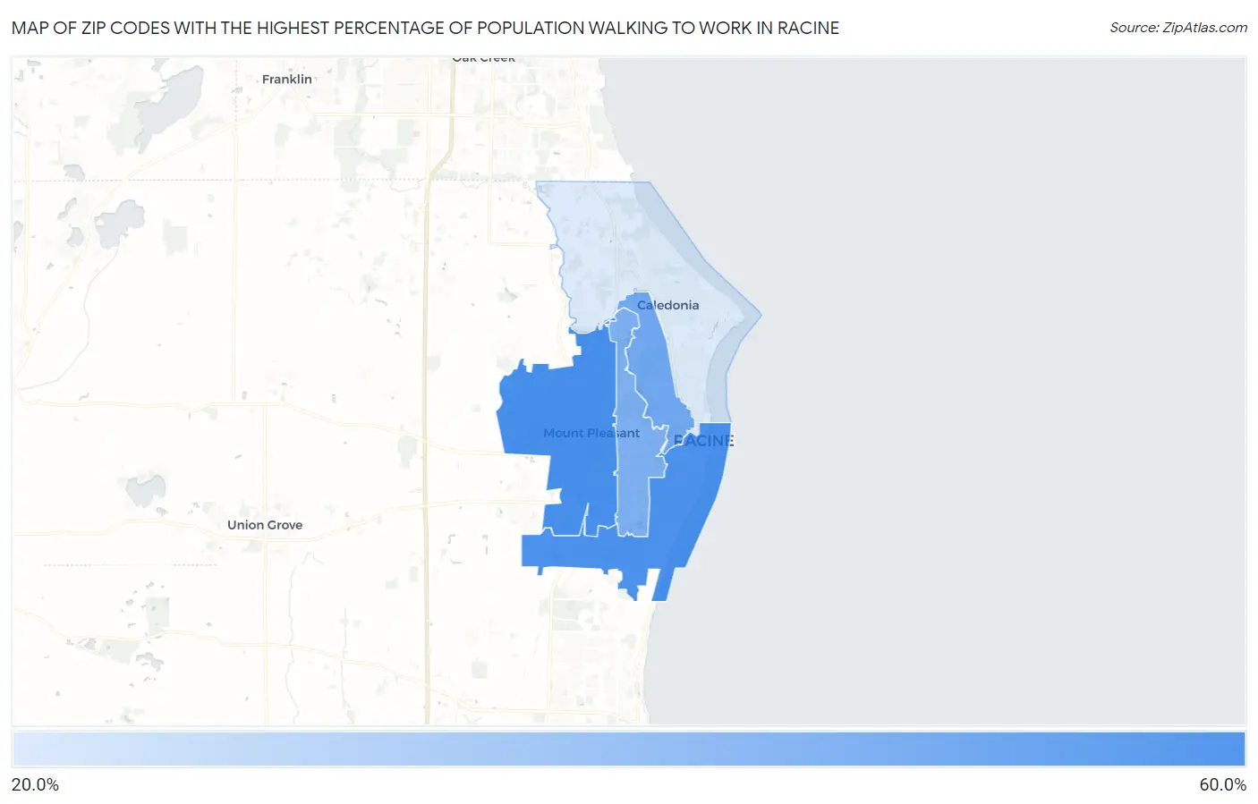 Zip Codes with the Highest Percentage of Population Walking to Work in Racine Map