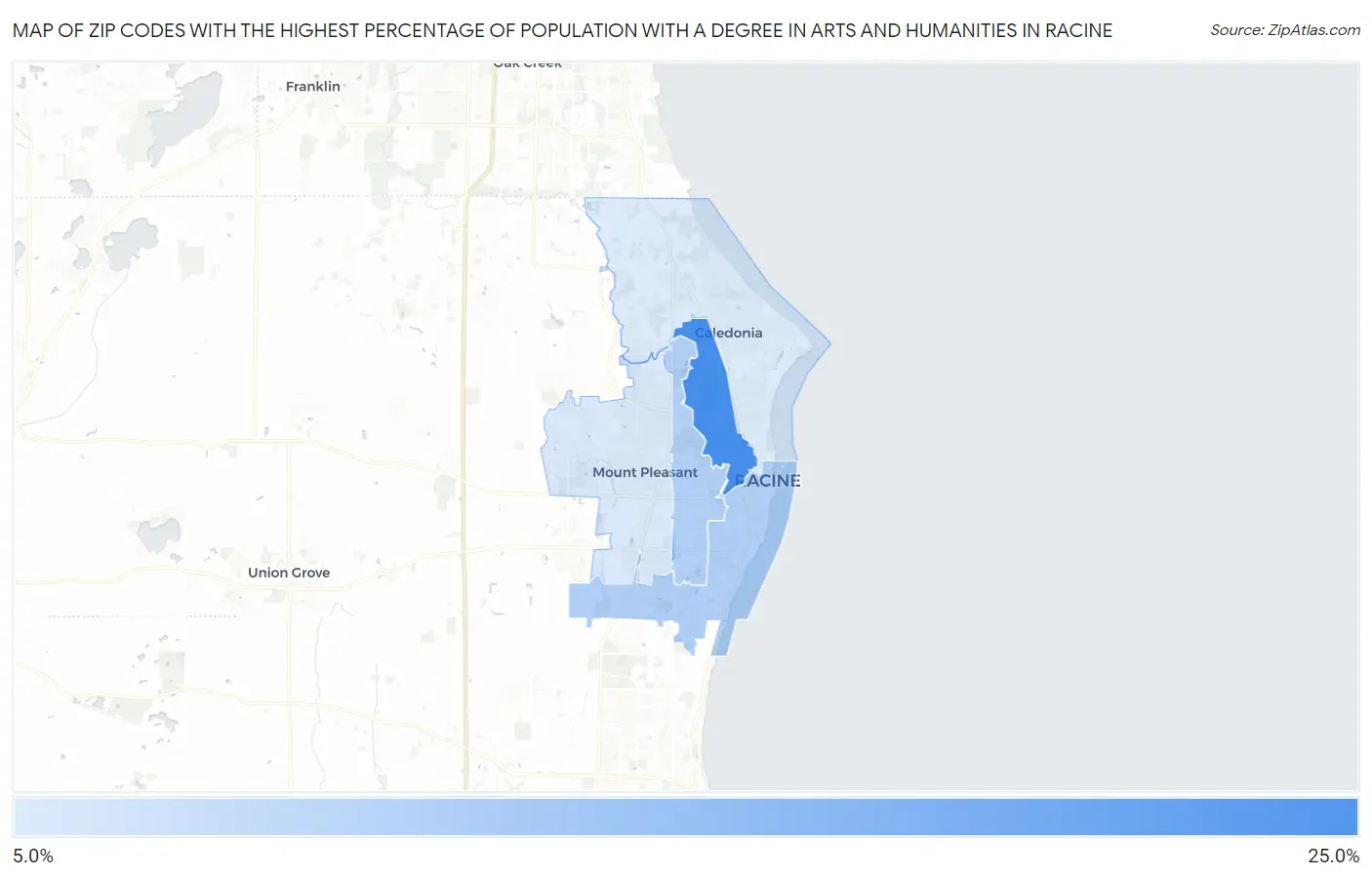 Zip Codes with the Highest Percentage of Population with a Degree in Arts and Humanities in Racine Map