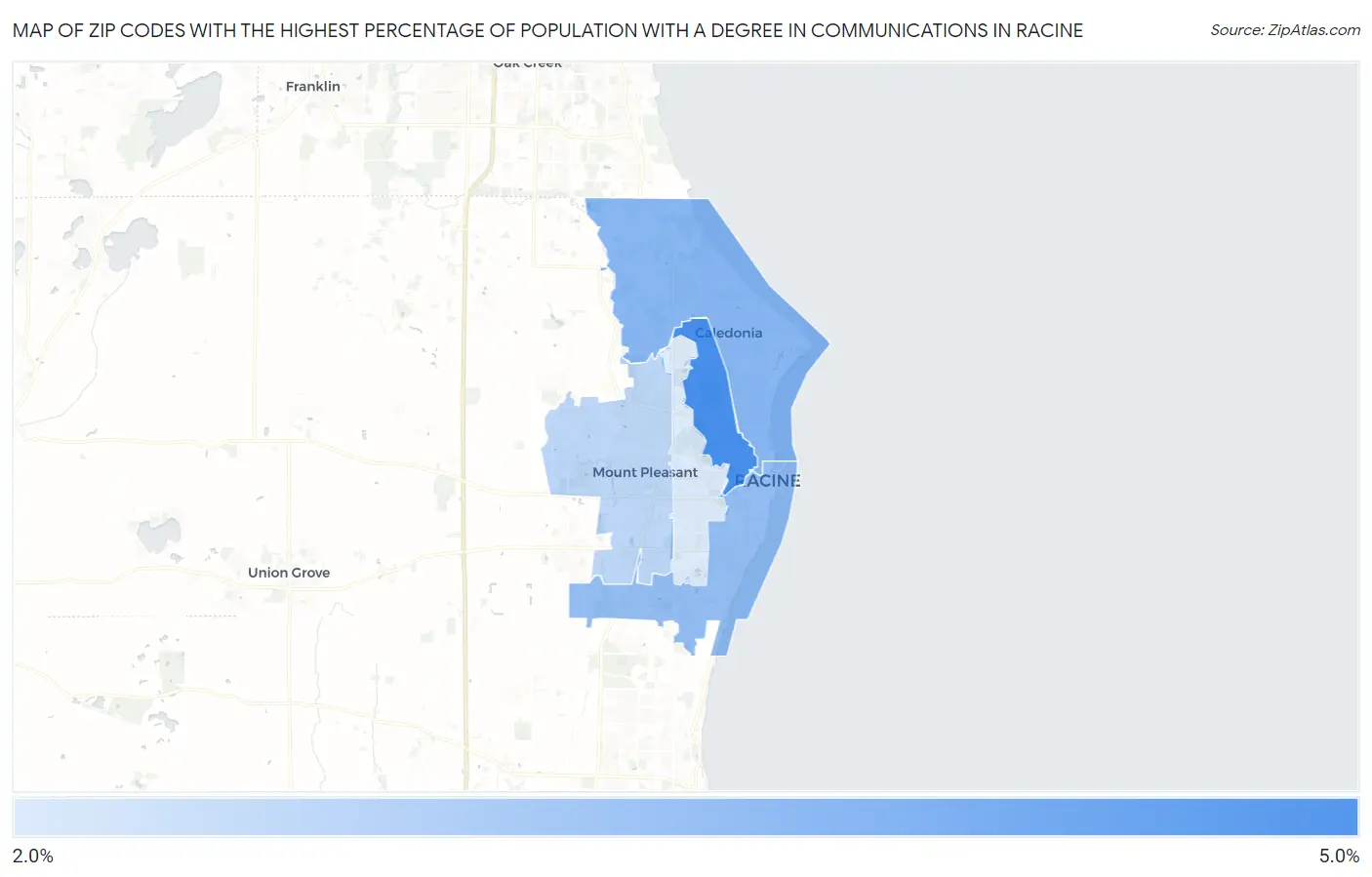 Zip Codes with the Highest Percentage of Population with a Degree in Communications in Racine Map