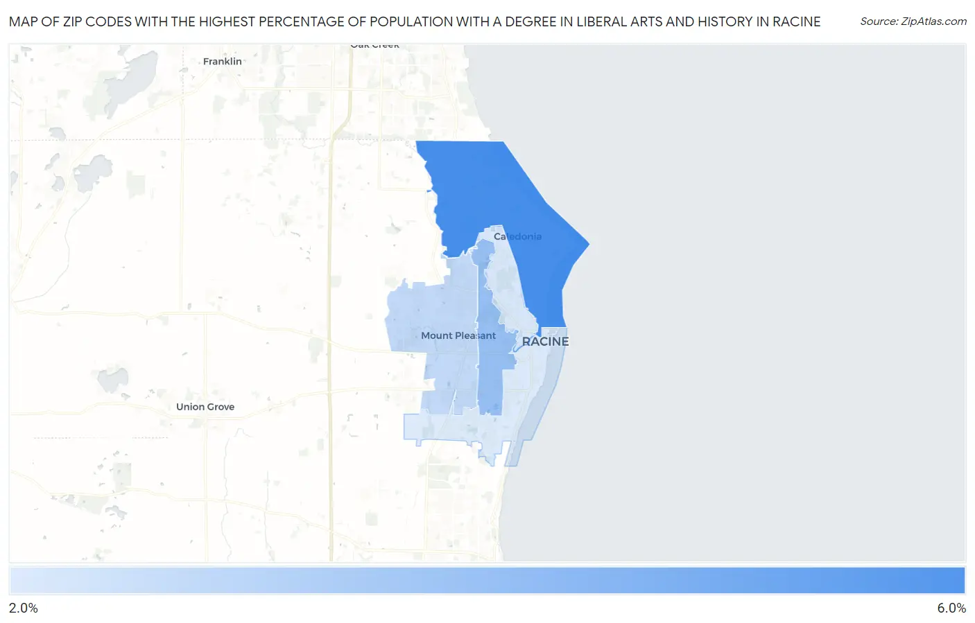 Zip Codes with the Highest Percentage of Population with a Degree in Liberal Arts and History in Racine Map