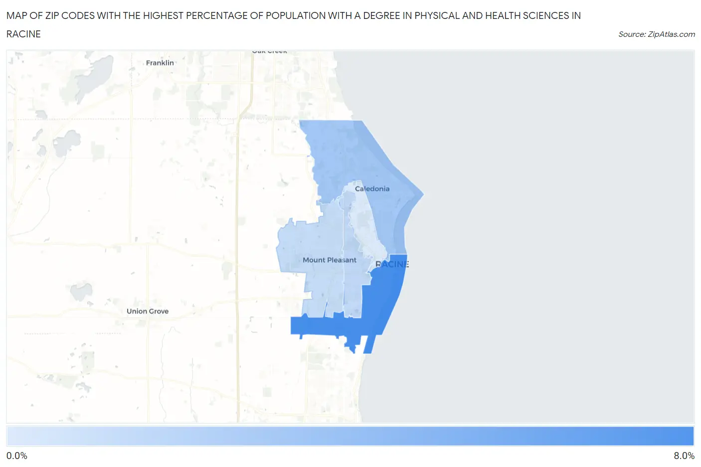 Zip Codes with the Highest Percentage of Population with a Degree in Physical and Health Sciences in Racine Map
