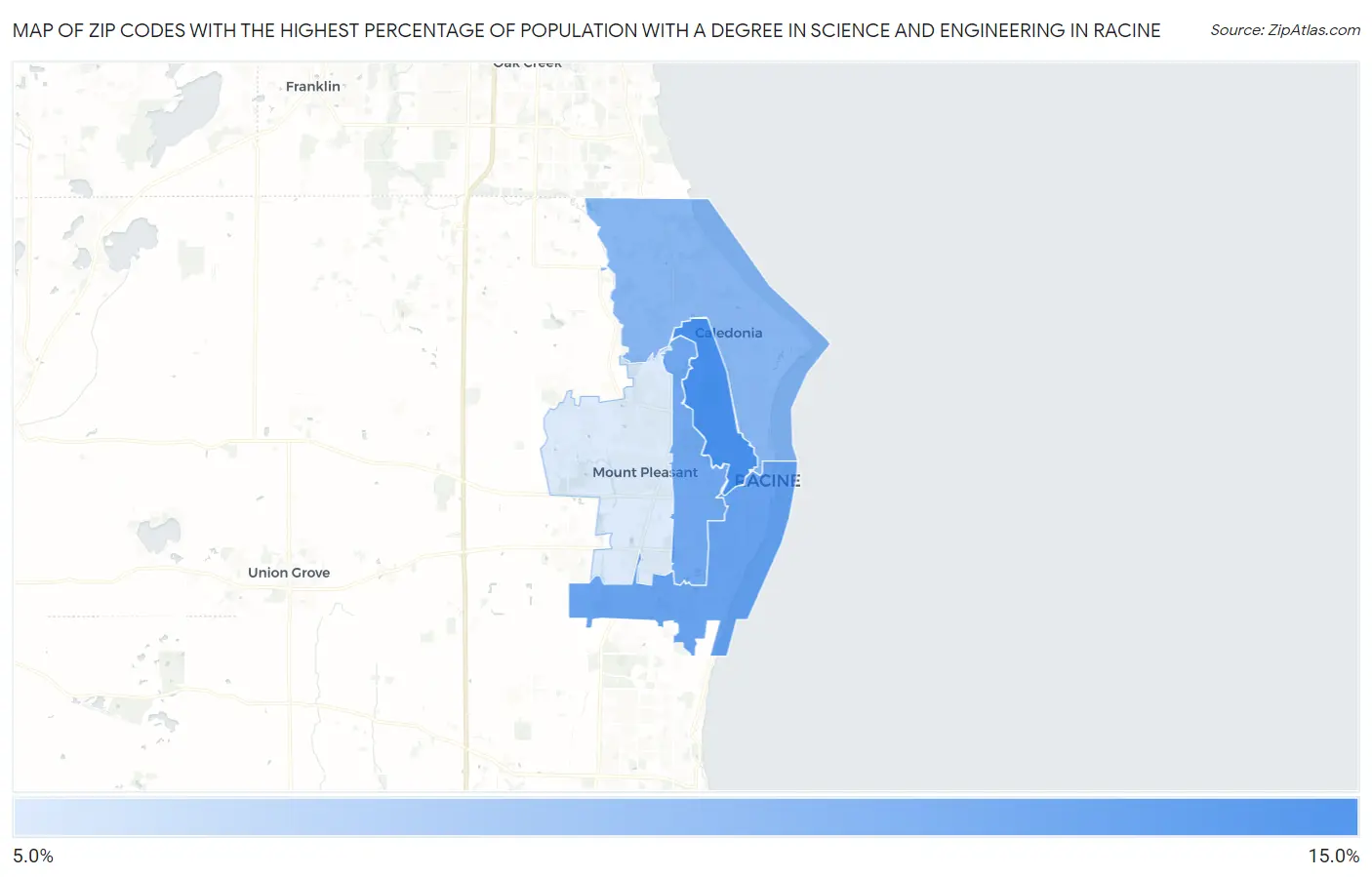 Zip Codes with the Highest Percentage of Population with a Degree in Science and Engineering in Racine Map