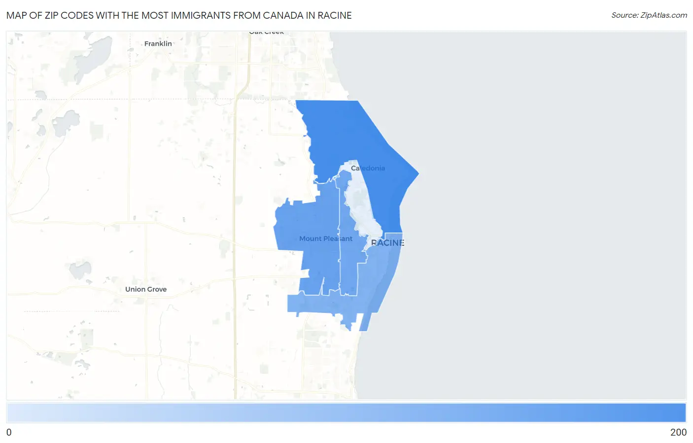 Zip Codes with the Most Immigrants from Canada in Racine Map