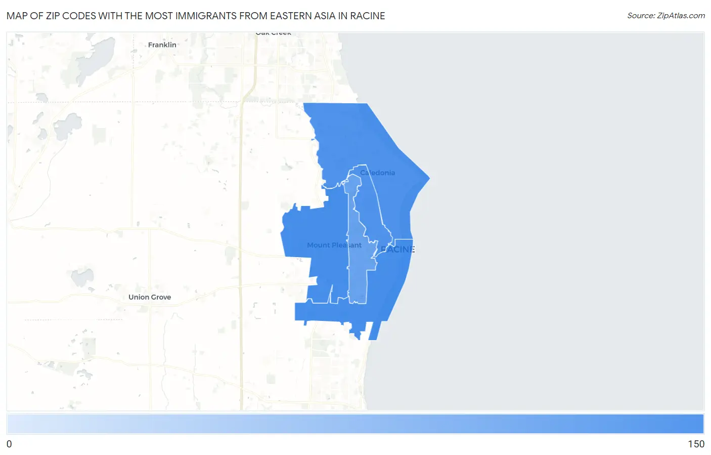 Zip Codes with the Most Immigrants from Eastern Asia in Racine Map