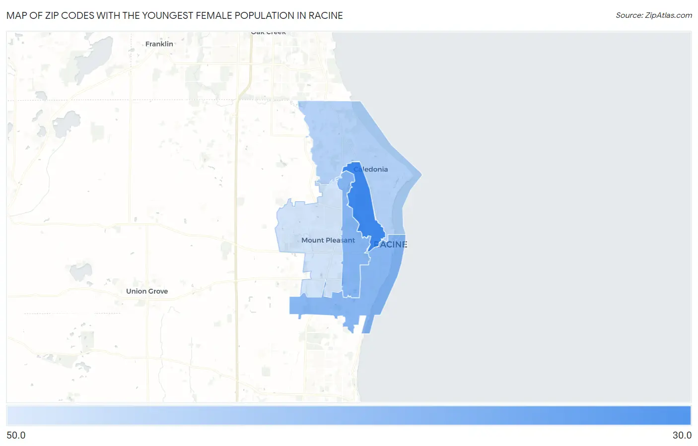 Zip Codes with the Youngest Female Population in Racine Map