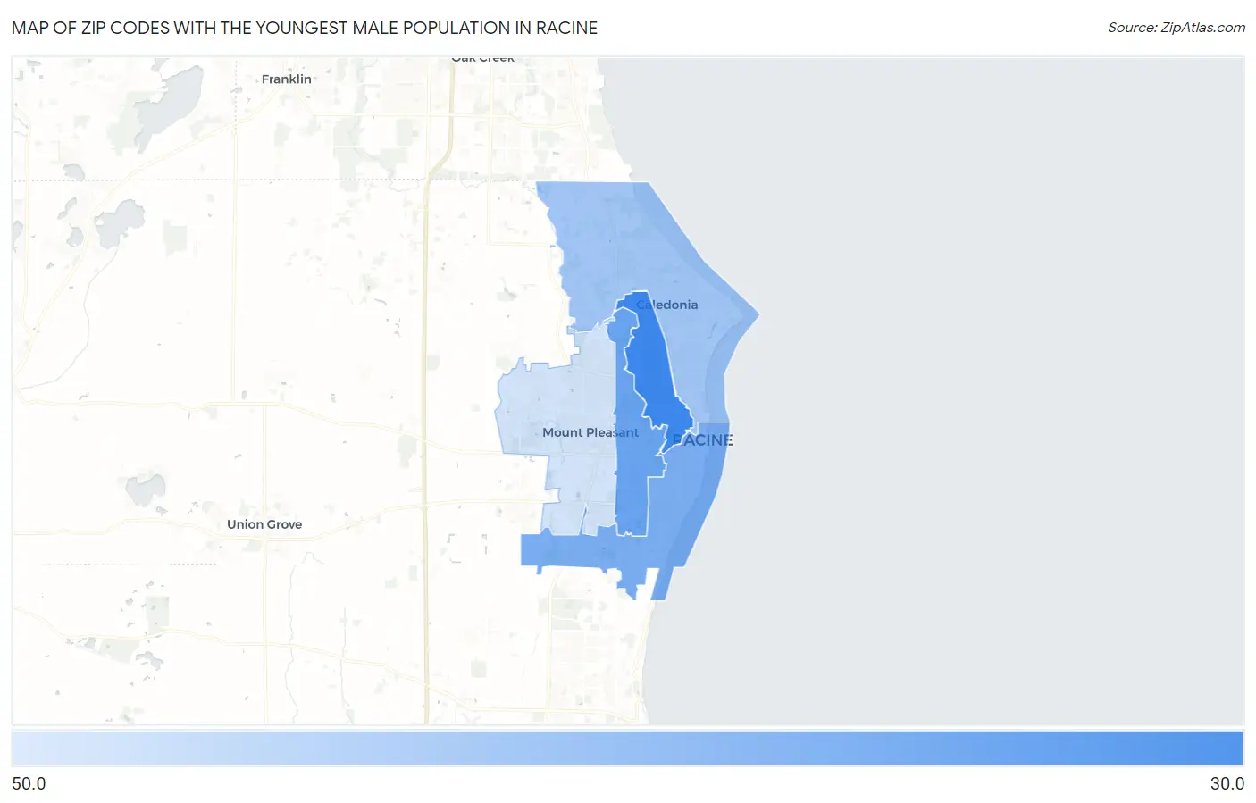 Zip Codes with the Youngest Male Population in Racine Map