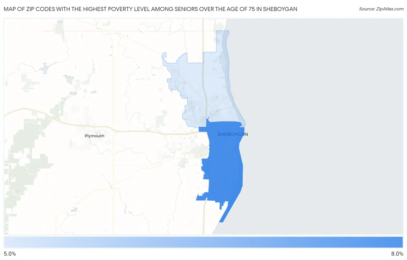 Zip Codes with the Highest Poverty Level Among Seniors Over the Age of 75 in Sheboygan Map