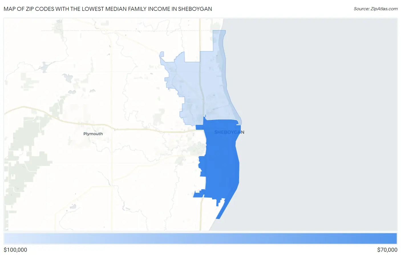 Zip Codes with the Lowest Median Family Income in Sheboygan Map
