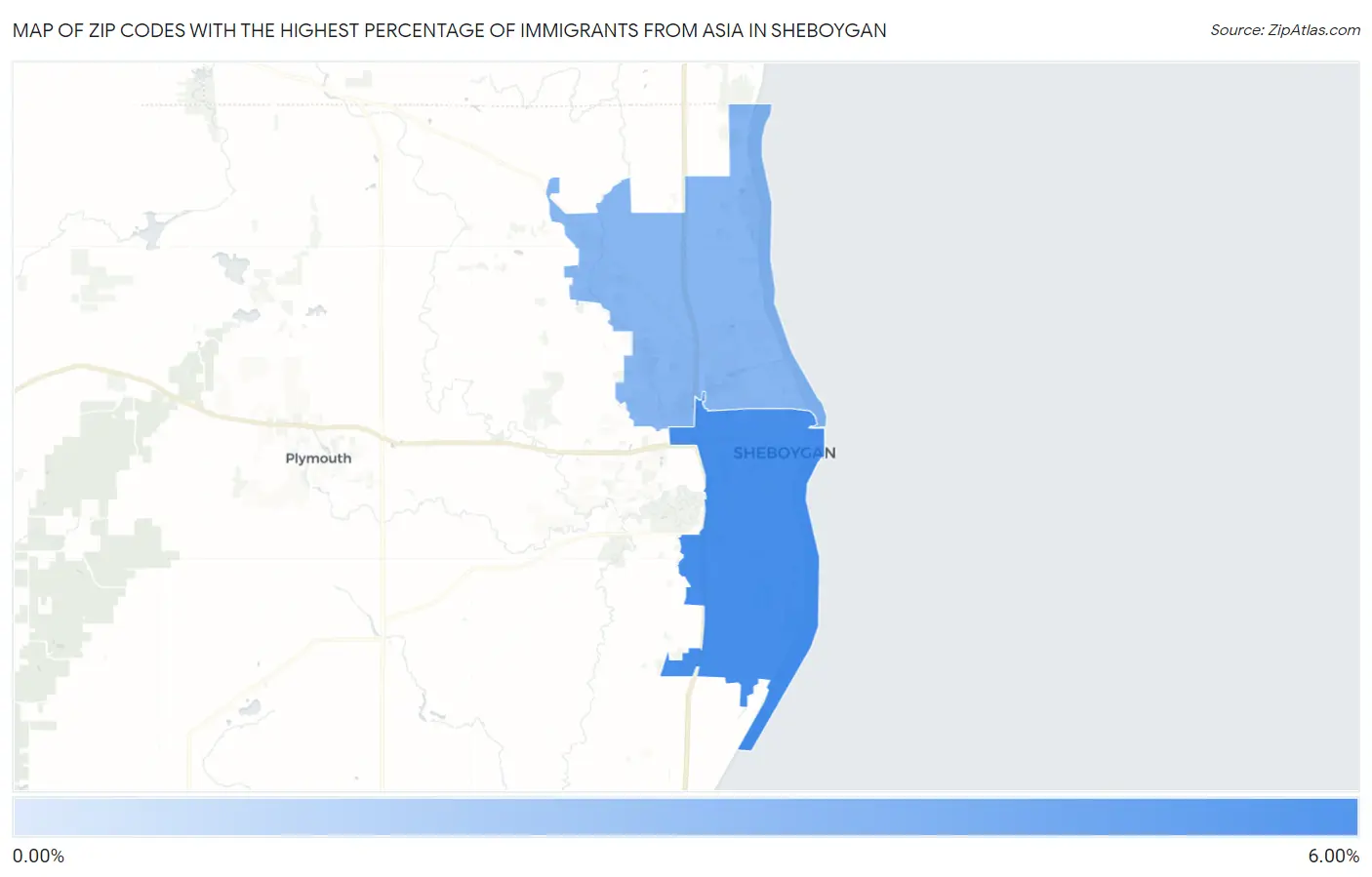 Zip Codes with the Highest Percentage of Immigrants from Asia in Sheboygan Map
