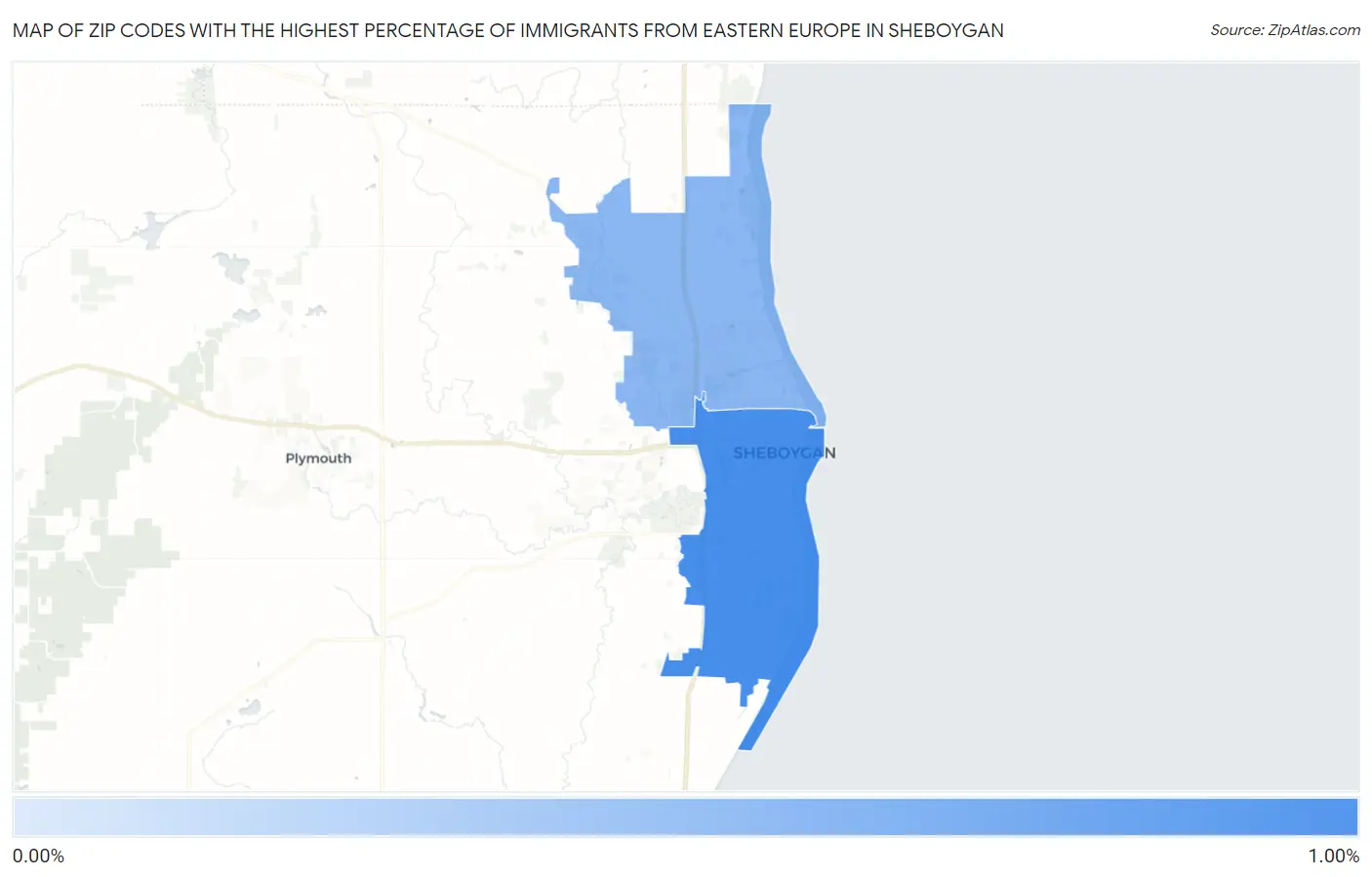 Zip Codes with the Highest Percentage of Immigrants from Eastern Europe in Sheboygan Map