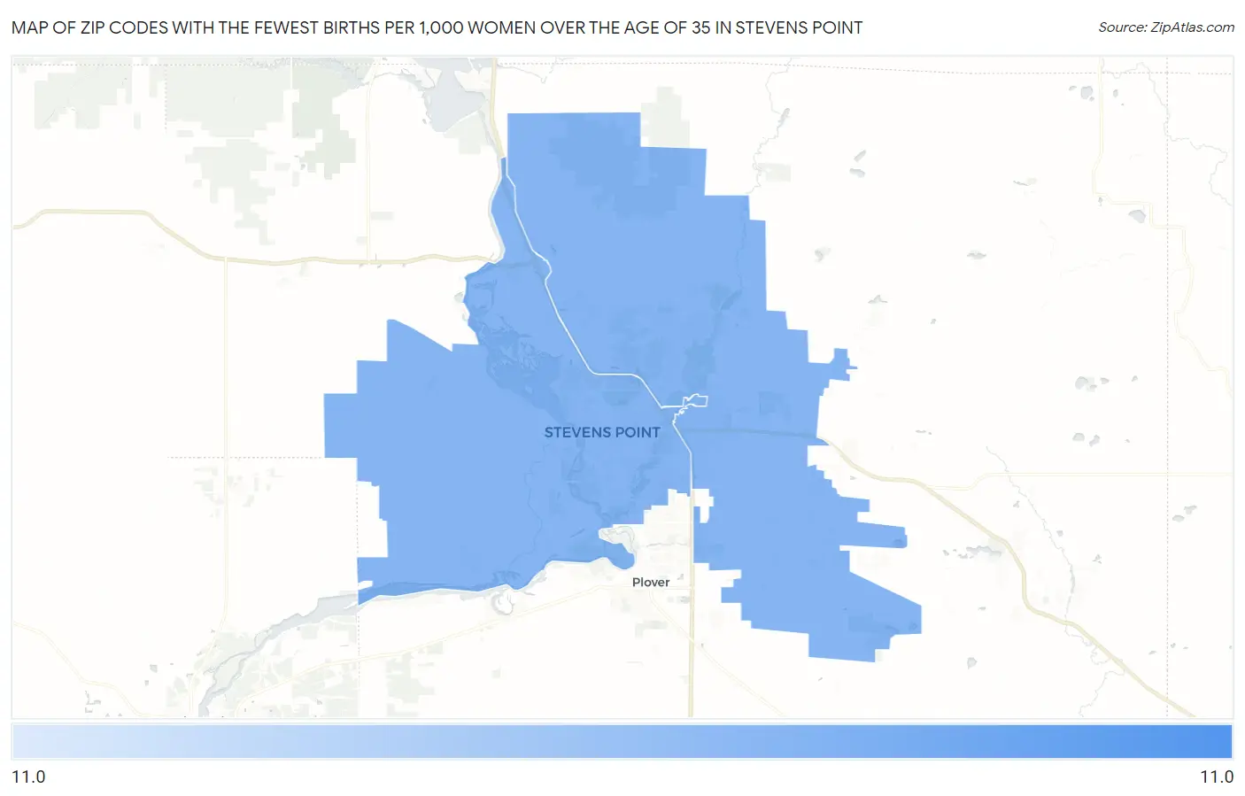 Zip Codes with the Fewest Births per 1,000 Women Over the Age of 35 in Stevens Point Map
