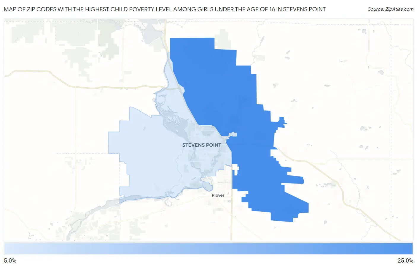 Zip Codes with the Highest Child Poverty Level Among Girls Under the Age of 16 in Stevens Point Map
